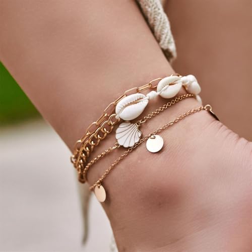Shell Ankle Bracelet Set for Women,Boho Adjustable Beads Anklet Pack Natural White Shells Stack Stretch Seashell Pearl Starfish Bracelet Set Hawaiian Beach Vacation Foot Jewelry - style: D-Shell Disc 4Pcs