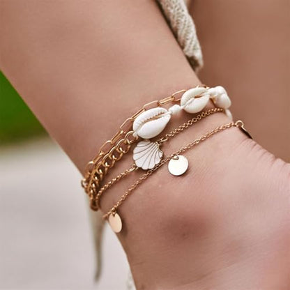 Shell Ankle Bracelet Set for Women,Boho Adjustable Beads Anklet Pack Natural White Shells Stack Stretch Seashell Pearl Starfish Bracelet Set Hawaiian Beach Vacation Foot Jewelry - style: D-Shell Disc 4Pcs
