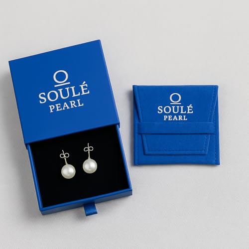 AAA+ Real Freshwater Pearl Stud Earrings, Sterling Silver Hypoallergenic | Hand-Matched White Round Pearls, 925 Silver Posts & Backs, Smooth High-Luster Surface, Soule Pearl Gift Box - color: Rhodium Plated, size: 9.0-9.5mm