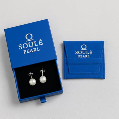 AAA+ Real Freshwater Pearl Stud Earrings, Sterling Silver Hypoallergenic | Hand-Matched White Round Pearls, 925 Silver Posts & Backs, Smooth High-Luster Surface, Soule Pearl Gift Box - color: Rhodium Plated, size: 9.0-9.5mm