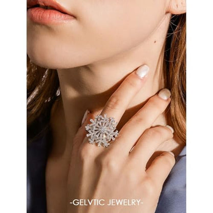 Cocktail Rings Silver Rose Flower Ring for Women Adjustable 18K Gold Plated Snowflake Open Wrap Wedding Statement Valentine Gift for Lover Wife Christmas - style: JZ06 Flower Ring-Rose