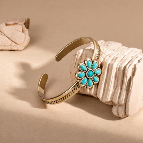 Wrangler Western Gold Turquoise Flower Open Cuff Bracelet for Women | Hand-Engraved Floral, Adjustable, Gold Plated Bangle, Southwestern Navajo design, with gift box, AR-WG-AC-BC-114-GD-TQ
