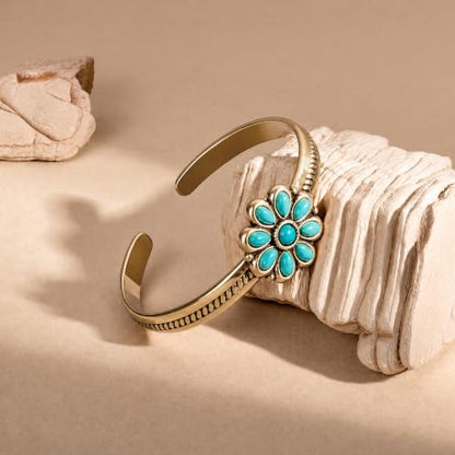 Wrangler Western Gold Turquoise Flower Open Cuff Bracelet for Women | Hand-Engraved Floral, Adjustable, Gold Plated Bangle, Southwestern Navajo design, with gift box, AR-WG-AC-BC-114-GD-TQ