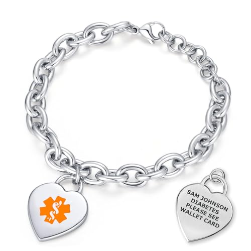 Custom Engraved Medical Alert ID Bracelet for Women | Heart Charm Medical ID Tag | Adjustable Curb Chain with Lobster Claw | Stainless Steel, Durable & Waterproof | Fits Wrists 8.5" (Silver) - style: Orange