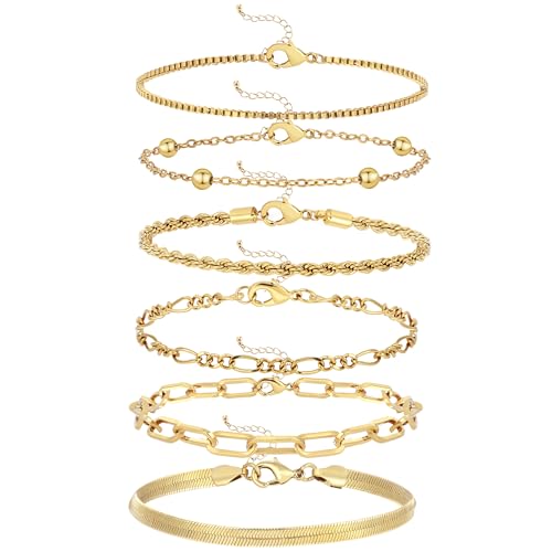 Wgoud Waterproof Gold Bracelets for Women Trendy, Dainty 14K Real Gold Plated Fashion Stackable Bracelet Sets for Women Thin Cuban Link Paperclip Chain Bracelets Layered Gold Jewelry Sets Gifts for Womens - color: 6Pcs Gold Bracelet