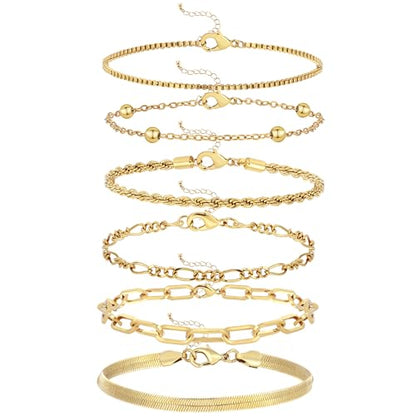 Wgoud Waterproof Gold Bracelets for Women Trendy, Dainty 14K Real Gold Plated Fashion Stackable Bracelet Sets for Women Thin Cuban Link Paperclip Chain Bracelets Layered Gold Jewelry Sets Gifts for Womens - color: 6Pcs Gold Bracelet