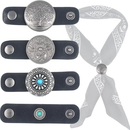 PEARLY JUN 4Pcs Western Bandana Scarf Ring Neckerchief Slide Buckle for Men Women Silk Scarves Cowboy Accessories - color: Silver a