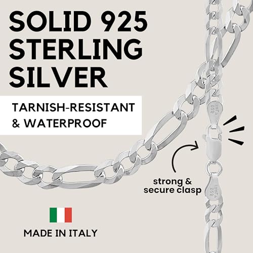 KISPER 925 Sterling Silver Figaro Chain Necklace for Men 5mm Made in Italy | 3+1 link pattern, 16-30 inches, anti-tarnish, solid build, hypoallergenic, secure lobster clasp