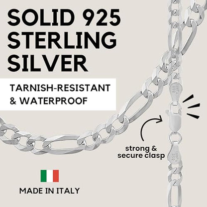 KISPER 925 Sterling Silver Figaro Chain Necklace for Men 5mm Made in Italy | 3+1 link pattern, 16-30 inches, anti-tarnish, solid build, hypoallergenic, secure lobster clasp