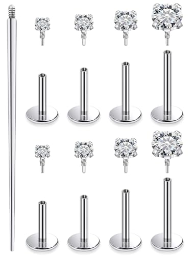 18G 16G Internal Thread Flat Back Nose Stud Earrings Surgical Steel Conch Tragus Cartilage Medusa Monroe Labret Lip Rings Piercing Jewelry for Women Men CZ Silver Black Gold Hypoallergenic - color: Silver, size: 16g