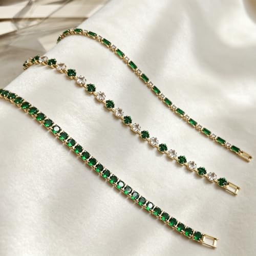 3Pcs Women Stackable 14K Gold Plated Tennis Bracelet with Colorful CZ | Dainty Classic Everyday Jewelry 14K Gold Plated Colorful Cubic Zirconia Tennis Bracelet Created Diamond for Wedding 7 inches - color: gold green