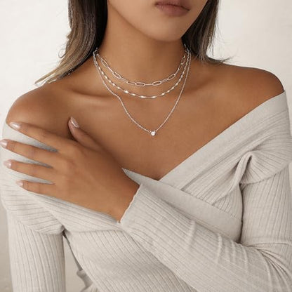 Layered Gold Necklace Set for Women Dainty Waterproof Cute Choker | 14K Gold Plated Minimalist Non Tarnish Lightweight CZ Pendant Pearl Twist Paperclip Chain Jewelry Gifts - style: 3PCS-Paperclip chain zircon-SL