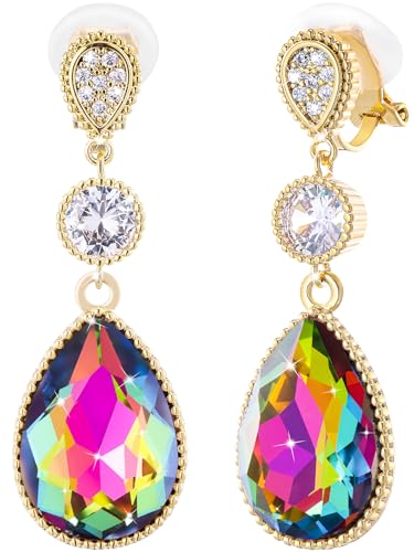 Clip On 18 * 13MM Big Crystal Dangle Non Pierced Earrings for Women 14K Gold Plated Jewelry - color: Rainbow-14K Gold Plated