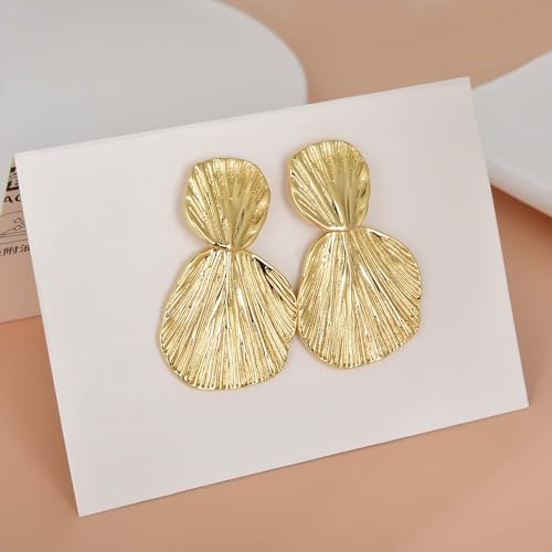 Large Geometric Drop Dangle Earrings for Women Pearl Teardrop Disc Rectangle Oval Fishtail Shell Shaped Textured Dangle Studs Earrings for Women - color: Gold-Shell B