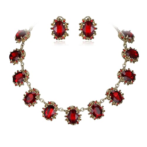 BriLove Victorian Style Statement Necklace Pierced Earrings Jewelry Set for Women Crystal Floral Cameo Inspired Oval Jewellery for Party Prom - color: Ruby Color Antique-Gold-Plated-Base