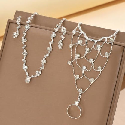 Wedding Jewelry Sets for Brides Rhinestone Necklace and Earring Set Bracelet Ring Gold Silver Prom Jewelry Sets Diamond Flower Teardrop Necklace for Women - color: Style1-Silver-3pcs