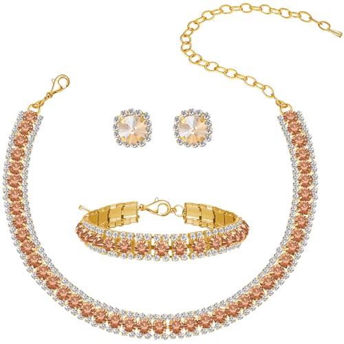 Women Rhinestone Crystal Jewelry Set Crystal Tennis Design Rhinestone Choker Necklace Link Bracelet Teardrop Earrings Set Wedding Bridal Bridesmaids Party - color: Gold Plated Champagne Crystal(2)