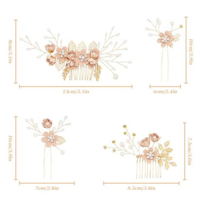 6 Pcs Bridal Hair Accessories French Hair Side Combs and Hair Pins,Gold Wedding Jewelry Headpiece with Rhinestone for Brides Bridesmaids Women Girls(Pink Flower） - color: Pink