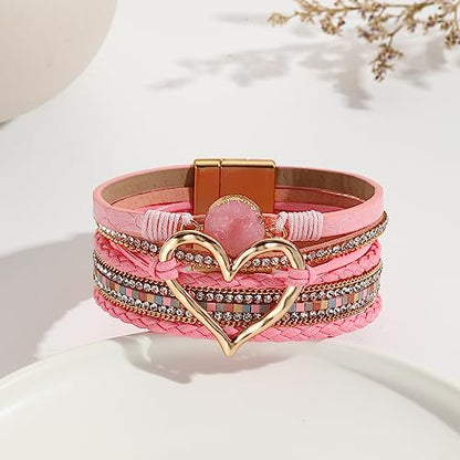 Fuqimanman2020 Heart Leather Wrap Bracelets Boho Stackable Cuff Bangles Resin Stone Rhinestone Bracelets with Clasp Christmas Jewelry Gift for Women - color: Pink