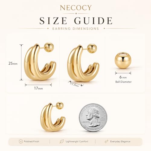 Necocy Chunky Gold Hoop Earrings for Women Non Tarnish, 14k Gold Plated Thick Triple Hoop Earrings Hypoallergenic Trendy Hoops Dainty Jewelry Gifts for Women - style: simple Double C Hoop