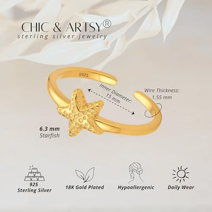 CHIC & ARTSY Women Toe Ring 925 Sterling Silver Animals Toe Ring Dainty Created Opal Toe Ring Adjustable Single Toe Ring for Women Beach Jewelry - color: L-Starfish/18k gold plated