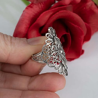 Filigranist 925 Sterling Silver Artisan Made Handcrafted Lace Embroidery Filigree Art Women Cocktail Statement Ring - style: Long