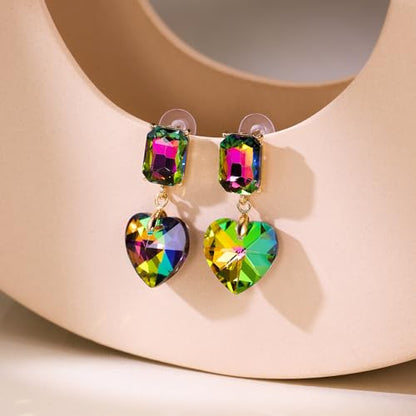 Crystal Heart Teardrop Dangle Earrings for Women Hypoallergenic Multicolor Cubic Zirconia Drop Earrings for Wedding Prom Party Daily Wear - color: Heartgreen