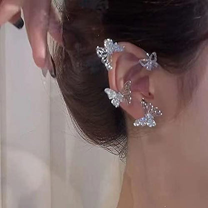 BETHYNAS Glitter Rhinestone Butterfly Flower Ear Cuff Sparkly Non-Pierced Crystal Tassel Fake Earrings Climber Lady Ear Wrap Bridal Party Ear Jewelry for Women and Girls - color: Silver Hollow Butterfly