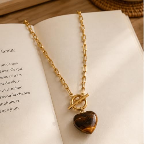 Teardrop CZ Pendant Paperclip Chain Necklace 18K Plated Paperclip Toggle Necklace Jewelry Birthstone Gift for Women - color: Tiger eye