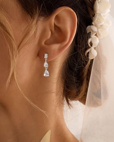 14K Gold Plated/Sterling Silver CZ Pearl Drop Dangle Earrings for Women - color: Silver-3 CZ