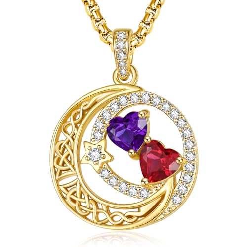14K Gold Moon and Star Double Birthstone Necklace Gifts for Women | 2 Heart Birthstone Necklace,Mothers Day Wedding Anniversary Birthday Gifts for Wife Mom Daughter Grandma Sister - color: 02-07-Feb-Jul Birthstone