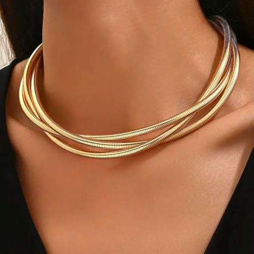 Chunky Gold Statement Choker Neckalce for Women Layered Snakebone Chain Collar Necklace Twist Wrap Stainless Steel Choker Punk Aesthetic Jewelry Gifts - color: Gold