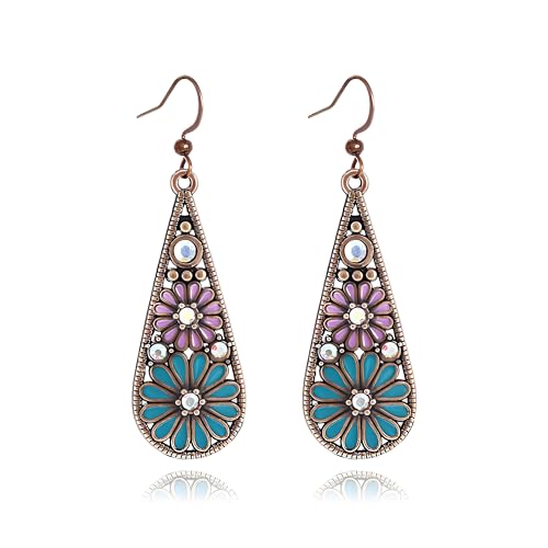 MALOYANVE Bohemian Crystal Teardrop Earrings for Women Vintage Tribal Geometric Enamel Rhinestone Hollow Flower Earring Handmade National Statement Jewelry Gift - color: Blue