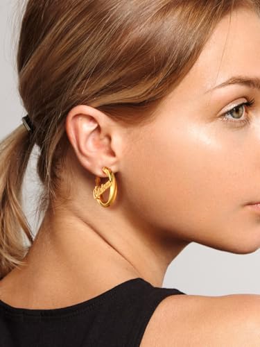 FindChic Twisted Hoop Earrings for Women, Silver/Black/14K Gold Plated Hypoallergenic Hollow Tube Rounded Loop Earrings, 30mm/40mm/60mm/80mm Hoops with Custom Name Options and Gift Box - color: f.Gold (Custom Name), size: 30MM
