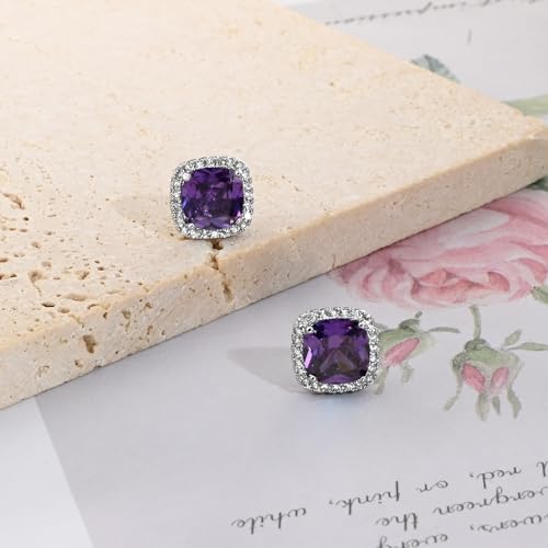 Square Cubic Zirconia Earrings Stud 7mm Birthstone Studs Earrings Hypoallergenic Princess Cut Earrings 925 Sterling Silver Post Studs Earrings for Women - color: amethyst