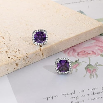 Square Cubic Zirconia Earrings Stud 7mm Birthstone Studs Earrings Hypoallergenic Princess Cut Earrings 925 Sterling Silver Post Studs Earrings for Women - color: amethyst