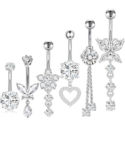 TIANCI FBYJS Surgical Stainless Steel Dangle Belly Button Rings for Women Belly Ring Dangling Piercing Jewelry with Heart Flower Butterfly Silver 14G - color: silver
