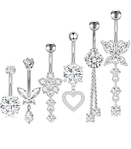 TIANCI FBYJS Surgical Stainless Steel Dangle Belly Button Rings for Women Belly Ring Dangling Piercing Jewelry with Heart Flower Butterfly Silver 14G - color: silver