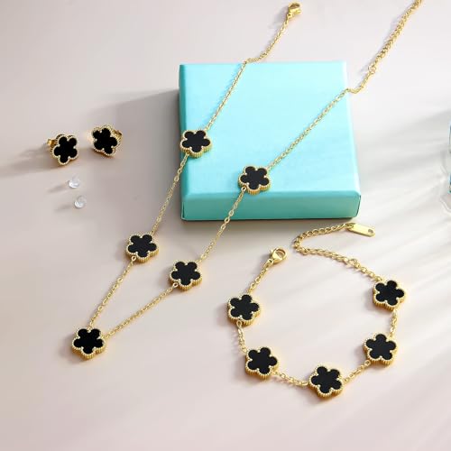 AmorArtSky Lucky Clover Jewelry Set - 18K Gold Plated Flower Design Five Leaf Bracelet, Necklace Pendant, Earrings for Women - Lucky Gifts for Mom, Wife, Daughter, Friends - style: Lucky Clover Jewelry Sets_Black