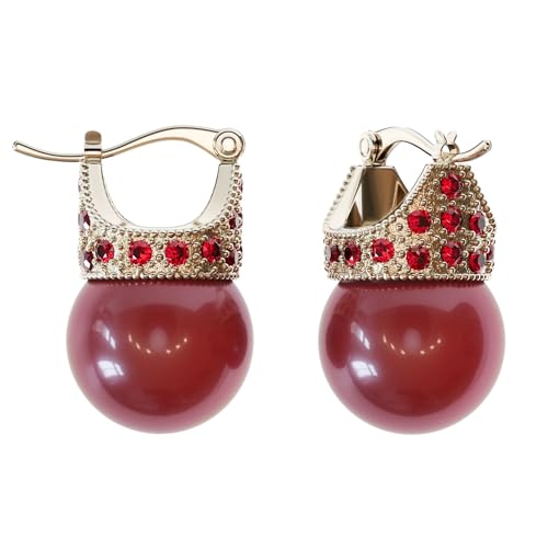 Glass Pearl Earrings Crystal Accent Crown Shape for Wedding, Bridal, Formal & Fashion - color: Deep Red