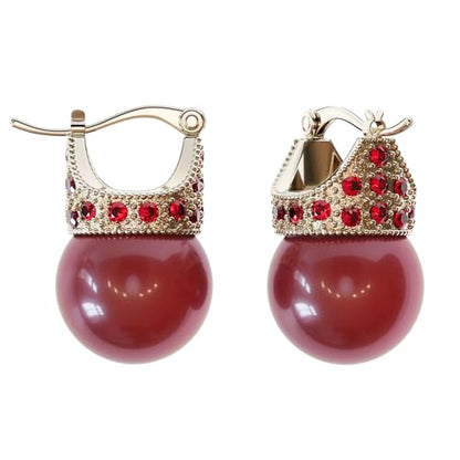 Glass Pearl Earrings Crystal Accent Crown Shape for Wedding, Bridal, Formal & Fashion - color: Deep Red