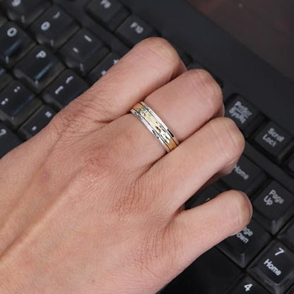 Hammered Spinner Ring for Women, 925 Sterling Silver & Brass Two-Tone Fidget Band