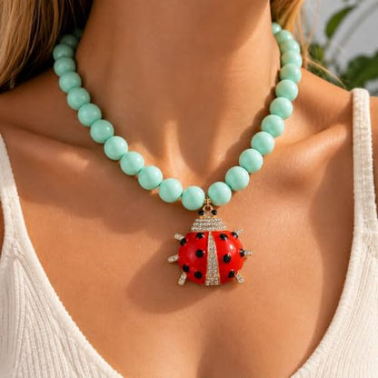 Long tiantian Large Bead Ladybug Necklace for Women Chunky Statement Necklace Red Ladybug Lucky Charm Jewelry Gift