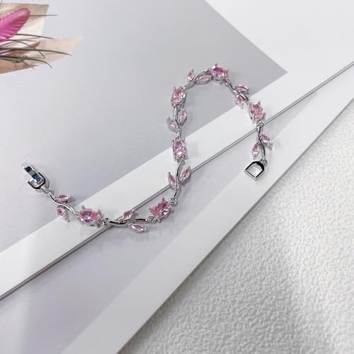Dainty Crystal Flower Leaf Bracelet for Women Gold-Tone/Silver Plated Sparkling Oval Cz Cubic Zirconia Floral Tennis Bracelets Sweet Fine Bridal Wedding Party Prom Fashion Jewelry 7.28inch - color: Silver