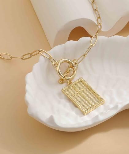 Chunky Gold Necklace for Women Trendy Non Tarnish 14K Gold Plated Paperclip Chain Charm Necklaces Chunky Heart Cross Clover Pearl Pendant Necklace with Toggle Clasp Statement Jewelry Gift for Women - color: C-Square Cross