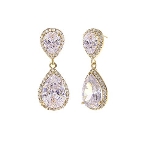Teardrop Dangle Earrings for Wedding - Sparkly Sterling Silver Cubic Zirconia Crystal Rhinestone Drop Earrings Pierced Austrian Style Hypoallergenic Earrings Womens Bridal Jewelry - style: PJ double teardrop earrings gold