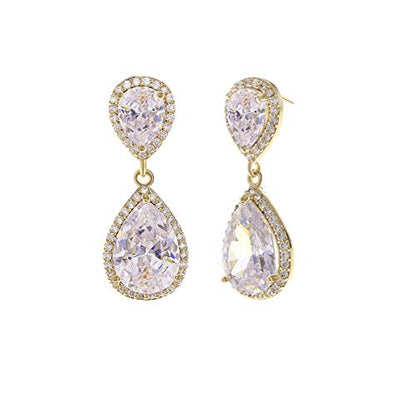 Teardrop Dangle Earrings for Wedding - Sparkly Sterling Silver Cubic Zirconia Crystal Rhinestone Drop Earrings Pierced Austrian Style Hypoallergenic Earrings Womens Bridal Jewelry - style: PJ double teardrop earrings gold
