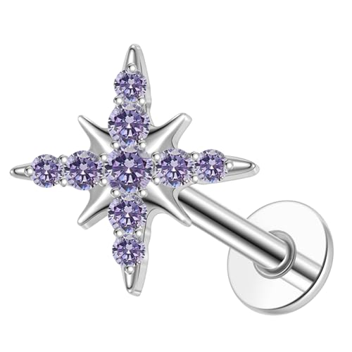 1pcs 16G 18G G23 Titanium Threadless Labret Studs Push-in Labret Lip Cluster Tragus Helix Conch Lobe Rook Cartilage Push Back Piercing Jewelry Earring - style: style A-purple