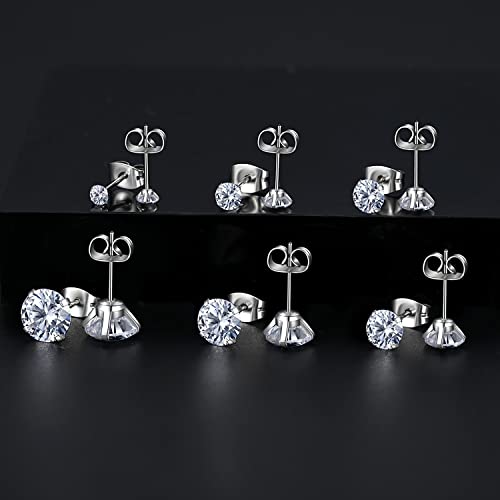 6 Pairs Stud Earrings Set, Hypoallergenic Cubic Zirconia Earrings 316L Stainless Steel CZ Earrings 3-8mm - color: A-White CZ