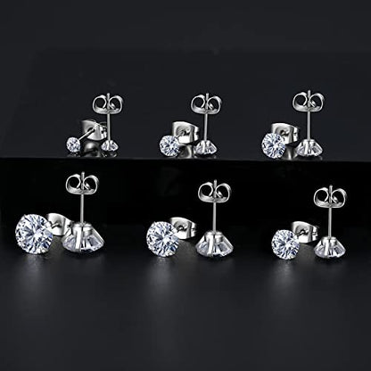 6 Pairs Stud Earrings Set, Hypoallergenic Cubic Zirconia Earrings 316L Stainless Steel CZ Earrings 3-8mm - color: A-White CZ